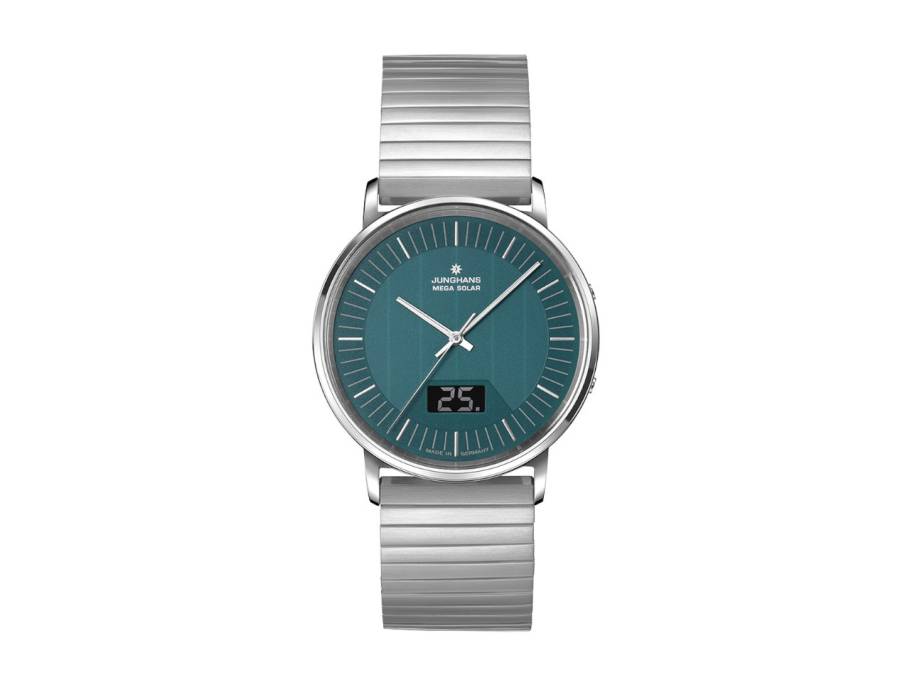 Milano Mega Solar Edelstahl 39mm petrolfarbenes Zifferblatt Metallband