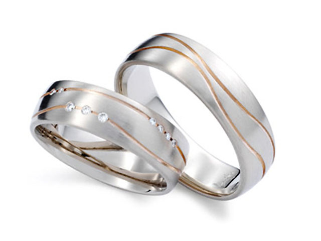 Trauring Paar Weißgold und Rotgold 6,0mm gewölbt mit Brillanten 0,060ct