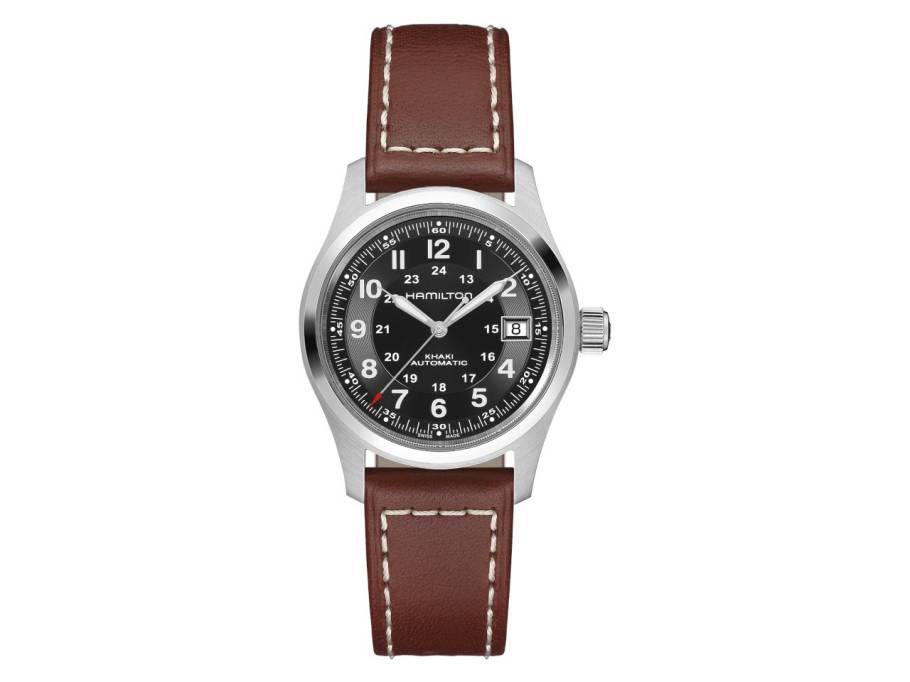 Khaki Field Auto Edelstahl 38mm schwarzes Zifferblatt braunes Lederband