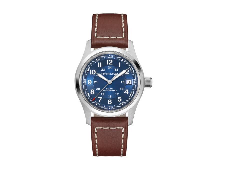 Khaki Field Automatik Edelstahl 38mm blaues Zifferblatt braunes Lederband