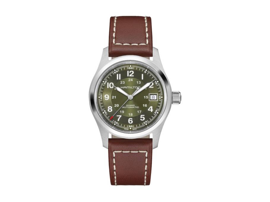 Khaki Field Automatik Edelstahl 38mm grünes Zifferblatt braunes Lederband