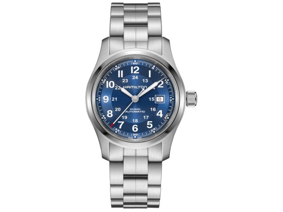 Khaki Field Automatik Edelstahl 42mm blaues Zifferblatt Metallband