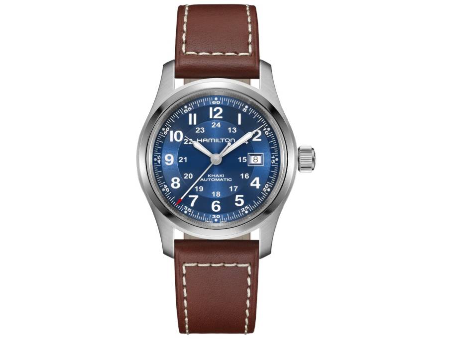 Khaki Field Automatik Edelstahl 42mm blaues Zifferblatt braunes Lederband
