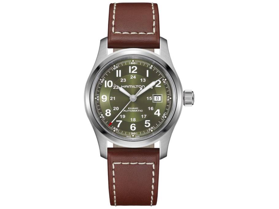 Khaki Field Automatik Edelstahl 42mm grünes Zifferblatt braunes Lederband