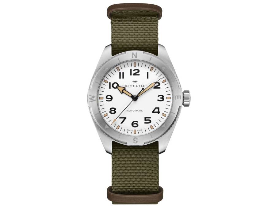 Khaki Field Expedition Automatik Edelstahl 41mm weißes Zifferblatt olivgrünes Textilband