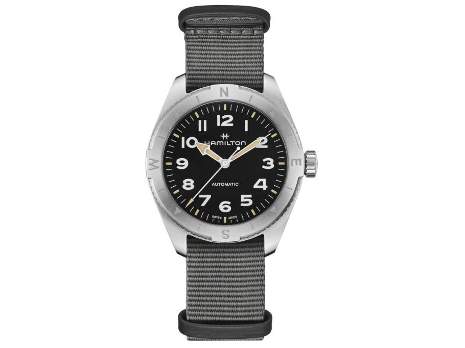 Khaki Field Expedition Automatik Edelstahl 41mm schwarzes Zifferblatt graues Textilband