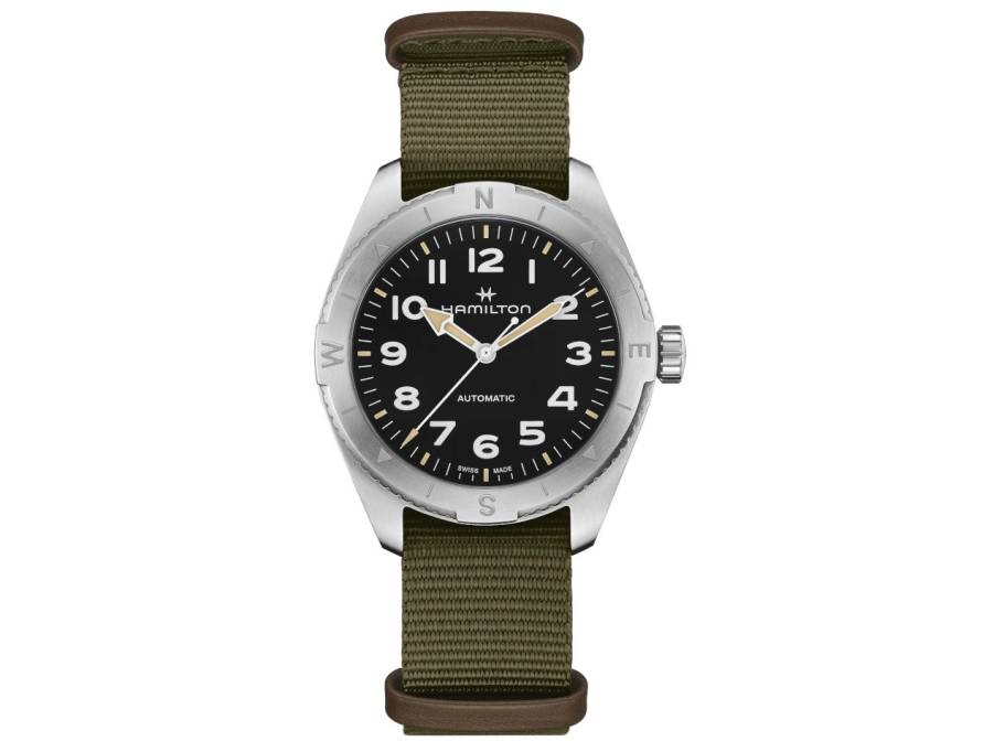 Khaki Field Expedition Automatik Edelstahl 41mm schwarzes Zifferblatt olivgrünes Textilband