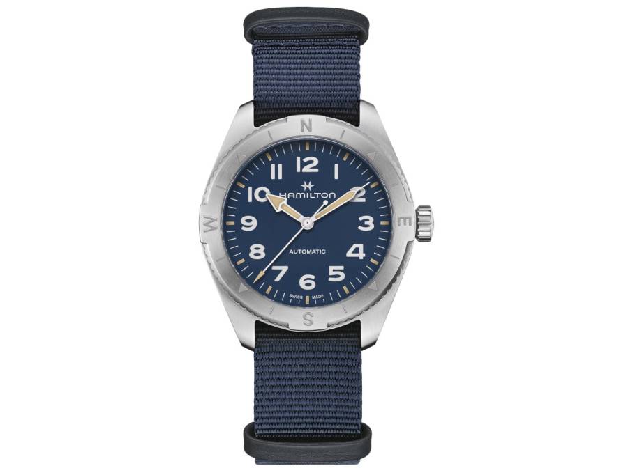 Khaki Field Expedition Automatik Edelstahl 41mm blaues Zifferblatt blaues Textilband