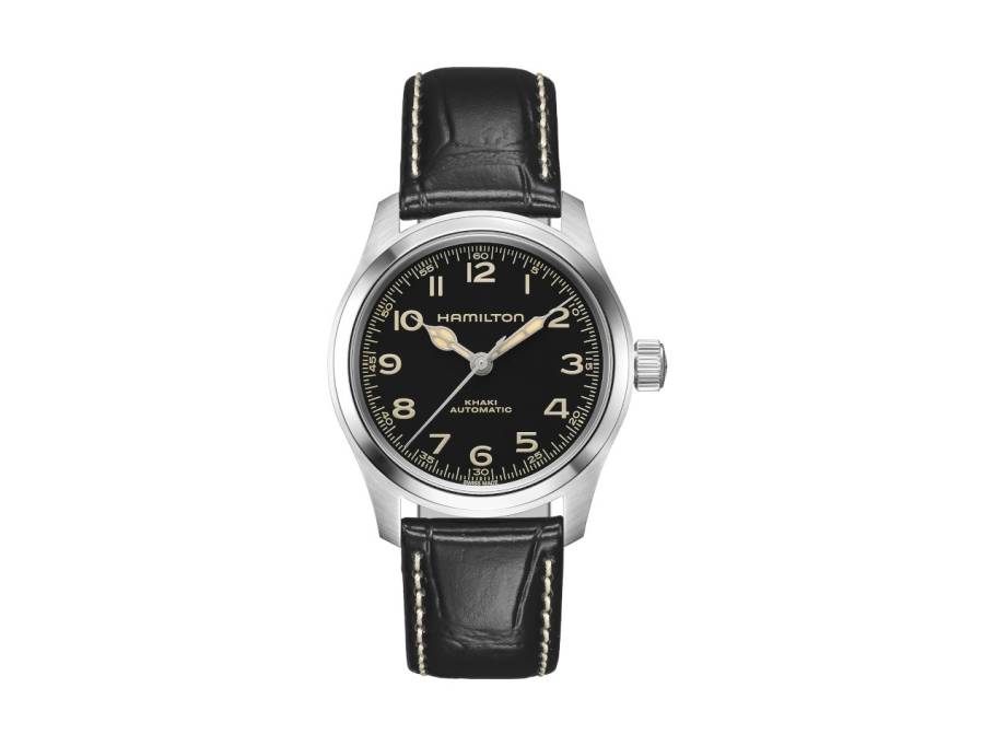 Khaki Field Murph Automatik Edelstahl 38mm schwarzes Zifferblatt schwarzes Lederband