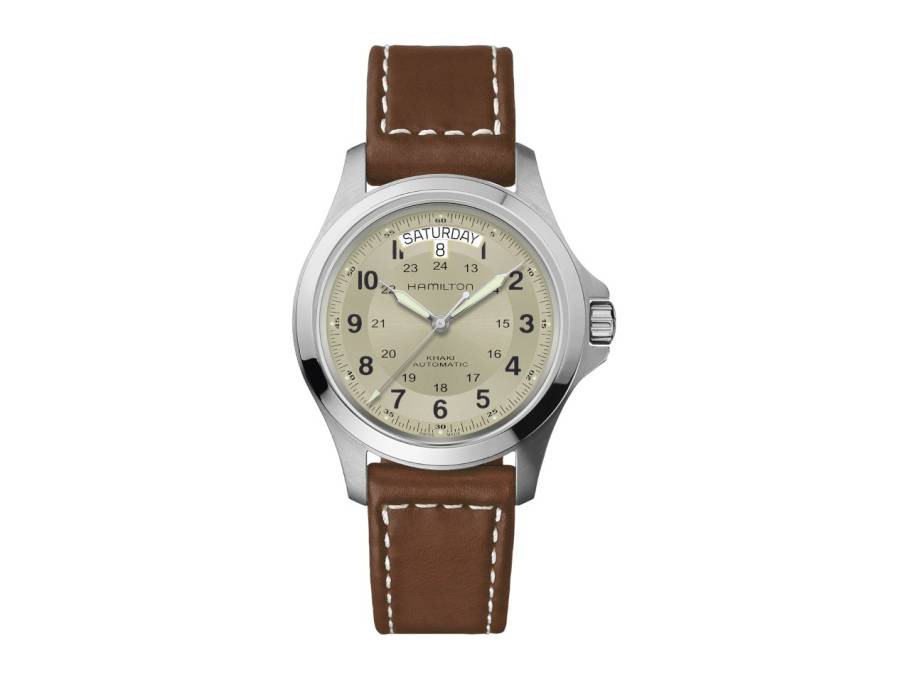 Khaki Field King Auto Edelstahl 40mm beiges Zifferblatt braunes Lederband