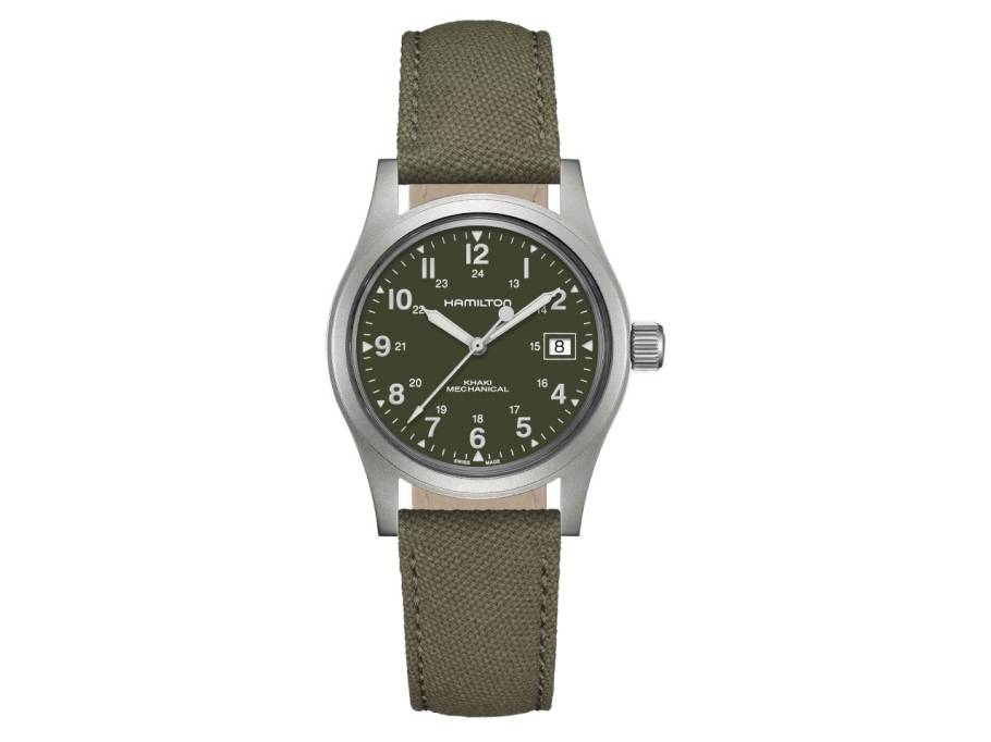 Khaki Field Mechanical Handaufzug Edelstahl 38mm grünes Zifferblatt grünes Lederband