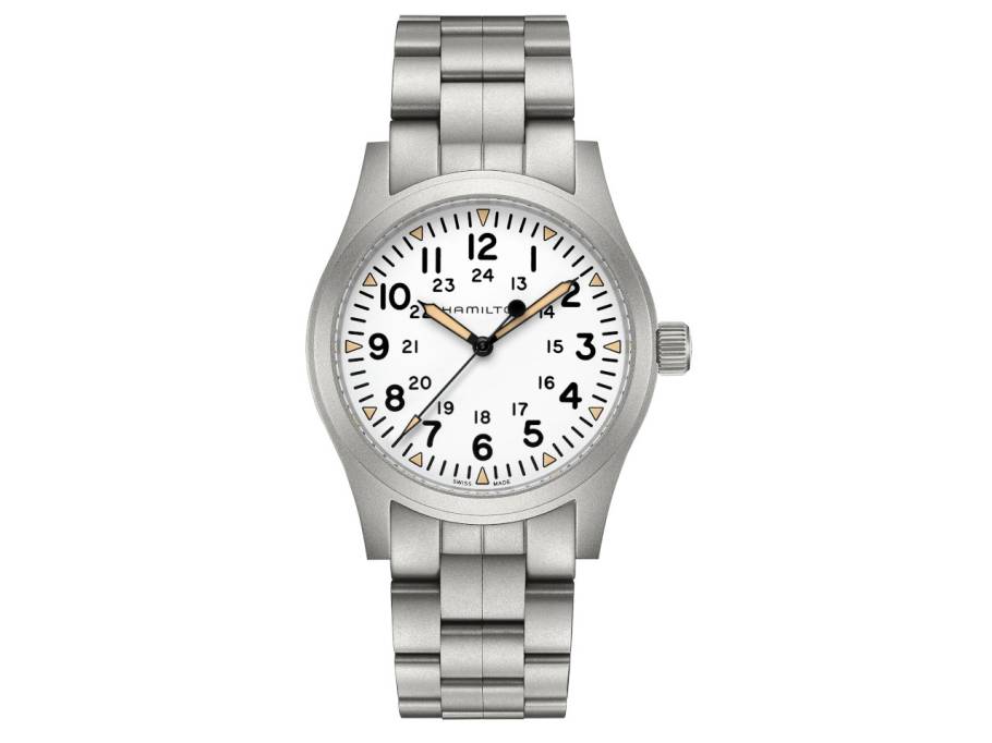 Khaki Field Mechanical Handaufzug Edelstahl 42mm weißes Zifferblatt Metallband