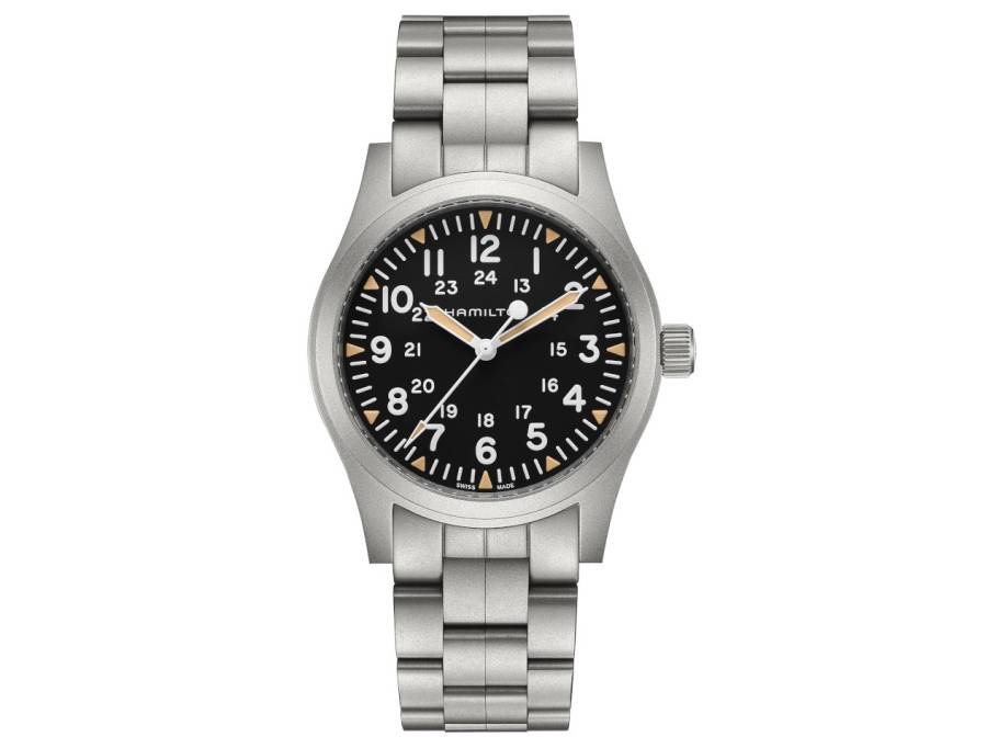 Khaki Field Mechanical Handaufzug Edelstahl 42mm schwarzes Zifferblatt Metallband