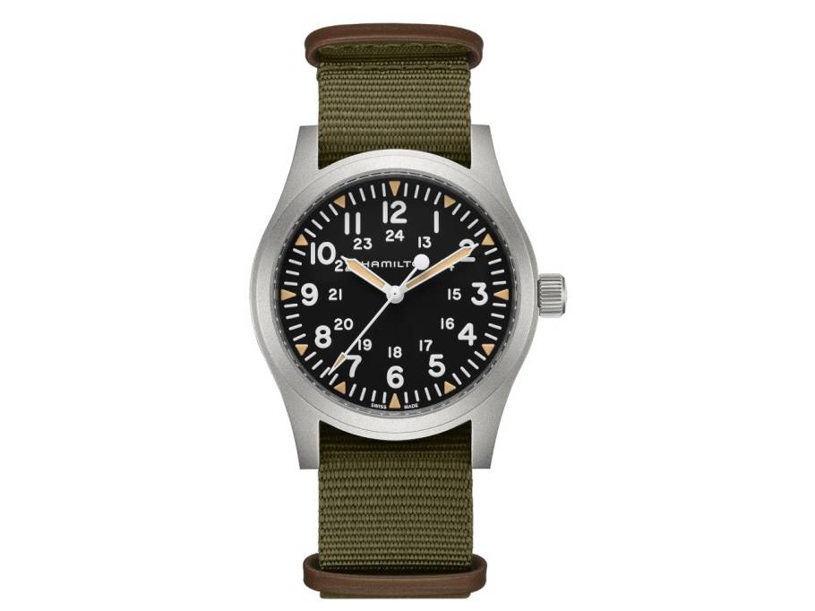 Khaki Field Mechanical Handaufzug Edelstahl 42mm schwarzes Zifferblatt olivgrünes Textilband