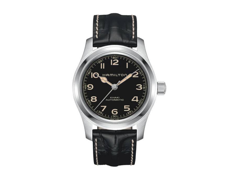 Khaki Field Murph Auto Edelstahl 42mm schwarzes Zifferblatt schwarzes Lederband