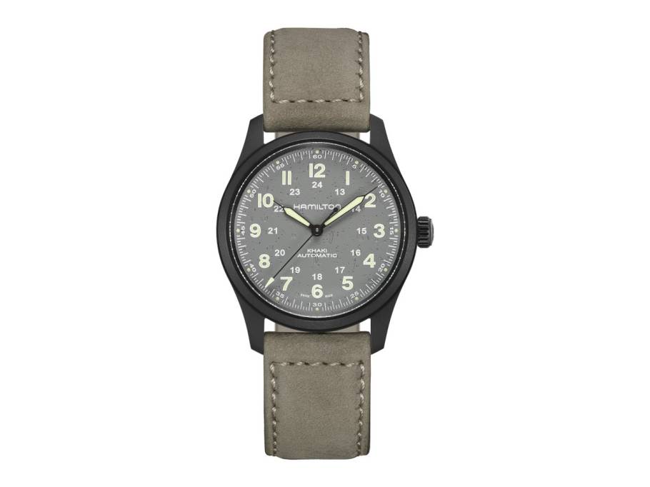Khaki Field Titanium Auto Titan 38mm graues Zifferblatt graues Lederband