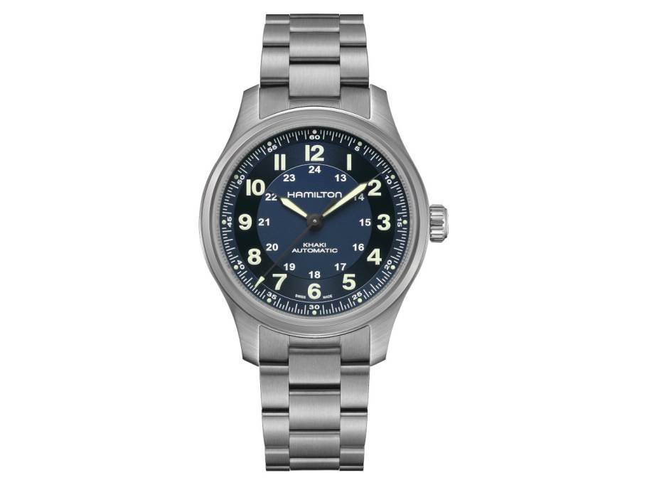 Khaki Field Titanium Auto Titan 42mm blaues Zifferblatt Metallband