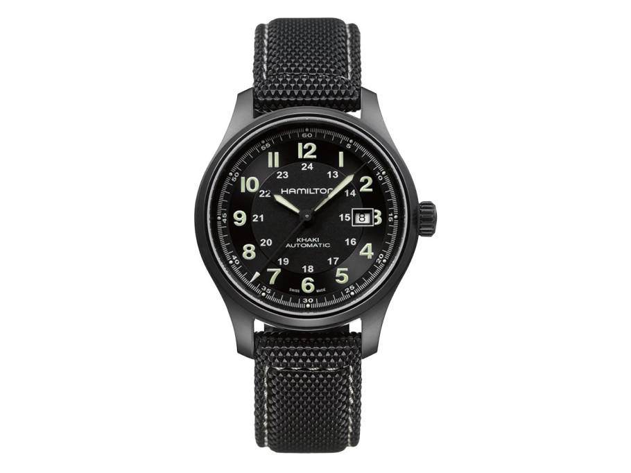 Khaki Field Titanium Auto Titan 42mm schwarzes Zifferblatt schwarzes Kautschukband