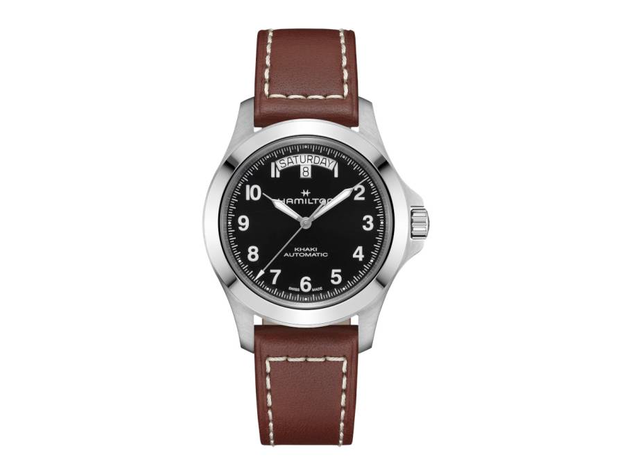 Khaki Field King Day-Date Automatik Edelstahl 40mm schwarzes Zifferblatt braunes Lederband