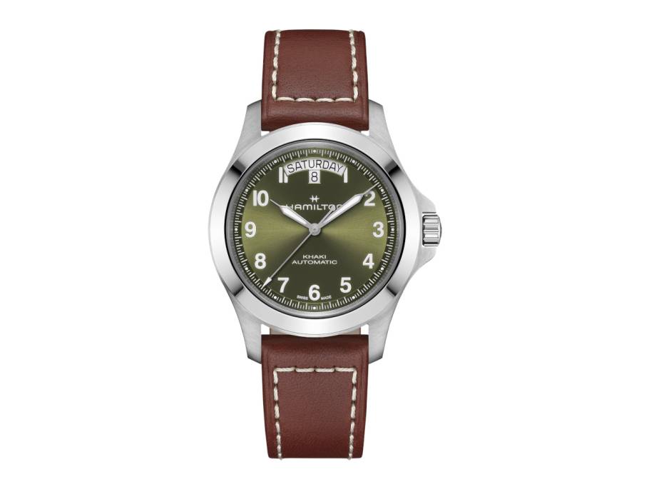 Khaki Field King Day-Date Automatik Edelstahl 40mm grünes Zifferblatt braunes Lederband