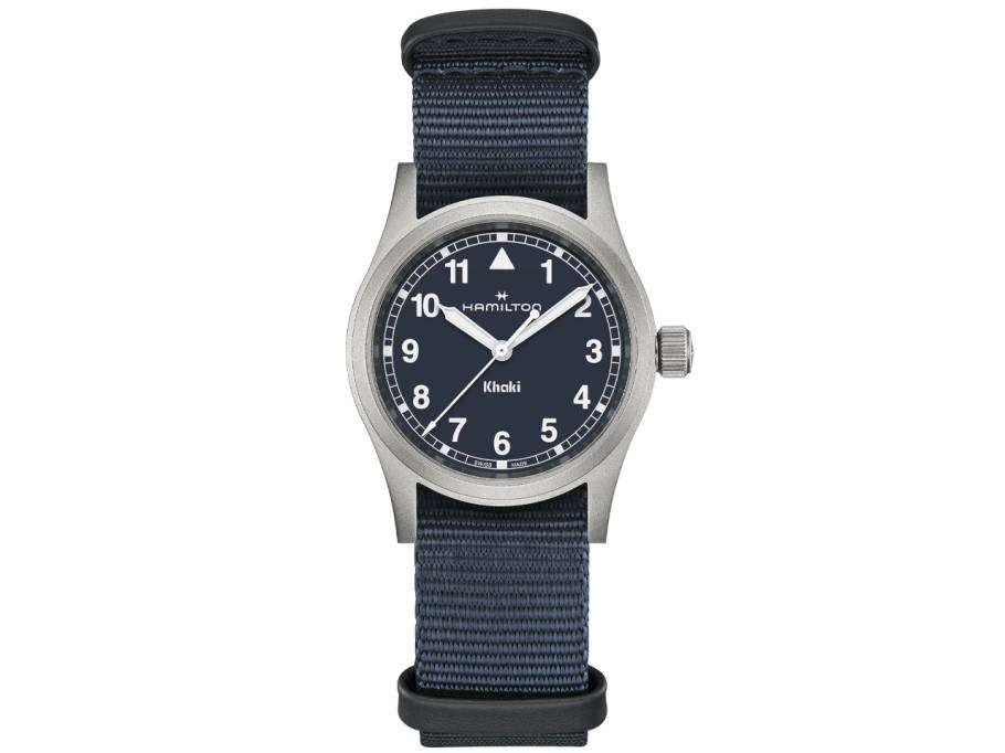 Khaki Field Quartz Edelstahl 33mm blaues Zifferblatt blaues NATO-Textilband