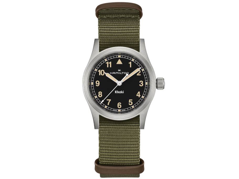 Khaki Field Quartz Edelstahl 33mm schwarzes Zifferblatt grünes NATO-Textilband