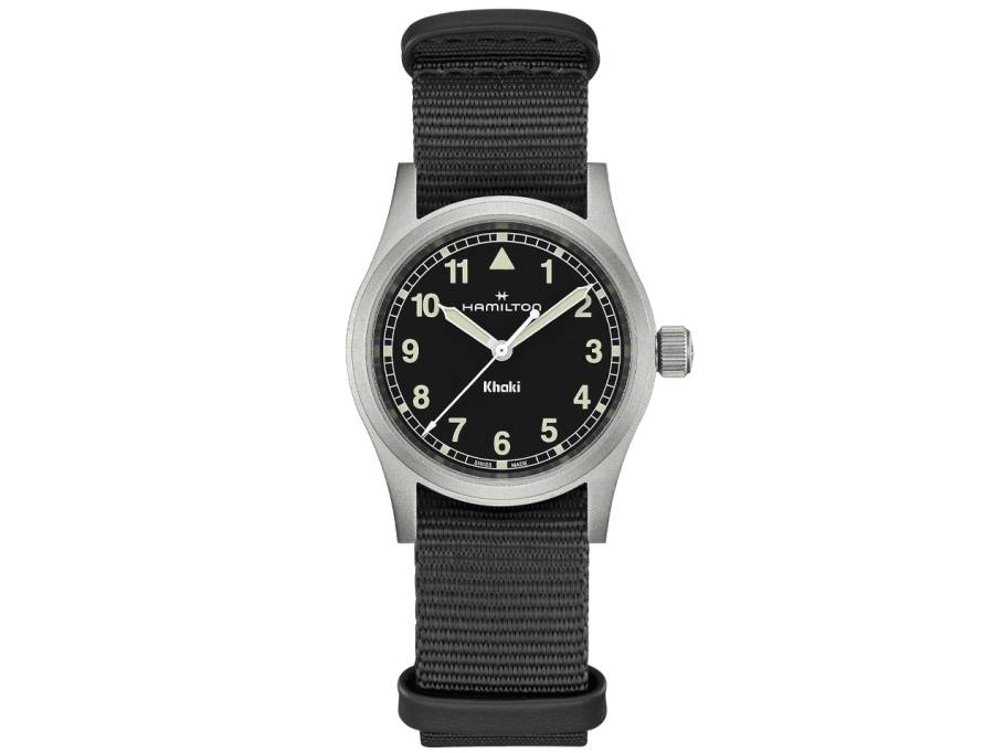 Khaki Field Quartz Edelstahl 33mm schwarzes Zifferblatt schwarzes NATO-Textilband