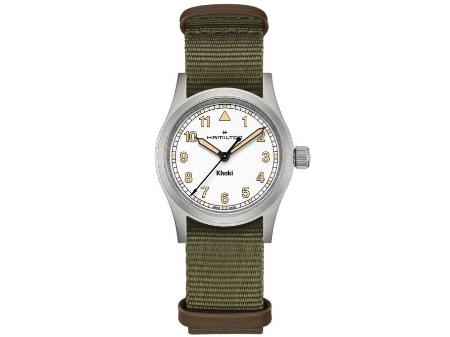 Khaki Field Quartz Edelstahl 33mm weißes Zifferblatt grünes NATO-Textilband