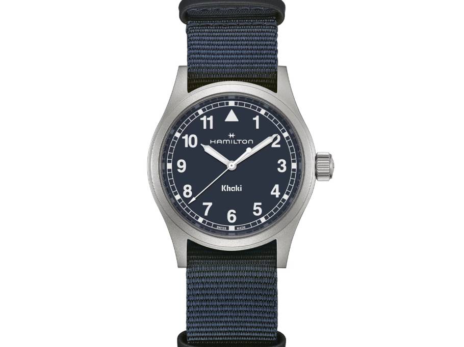 Khaki Field Quartz Edelstahl 38mm blaues Zifferblatt blaues NATO-Textilband