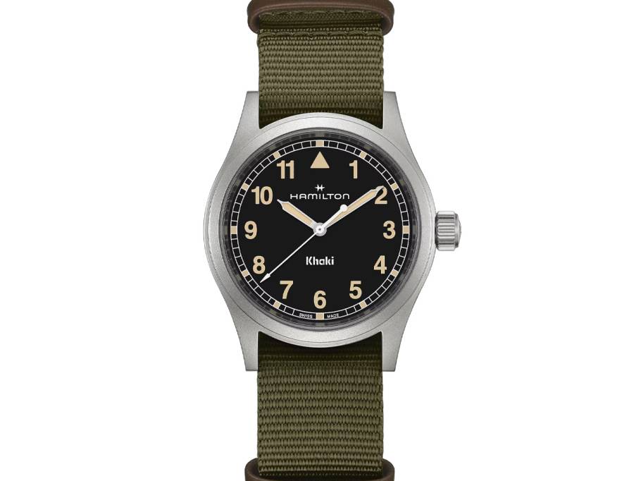 Khaki Field Quartz Edelstahl 38mm schwarzes Zifferblatt grünes NATO-Textilband