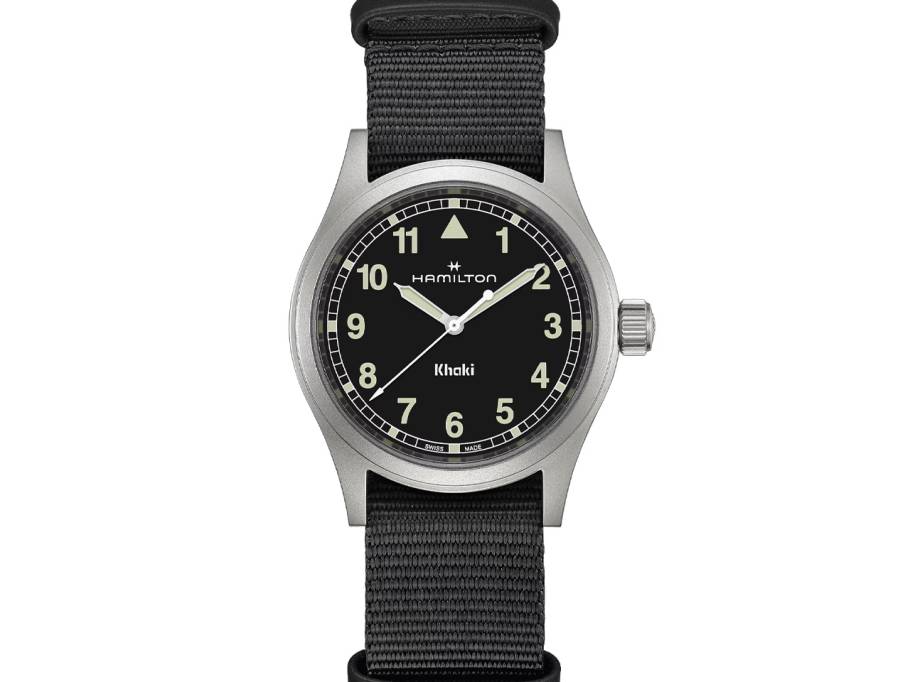 Khaki Field Quartz Edelstahl 38mm schwarzes Zifferblatt schwarzes NATO-Textilband