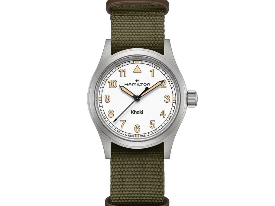 Khaki Field Quartz Edelstahl 38mm weißes Zifferblatt grünes NATO-Textilband