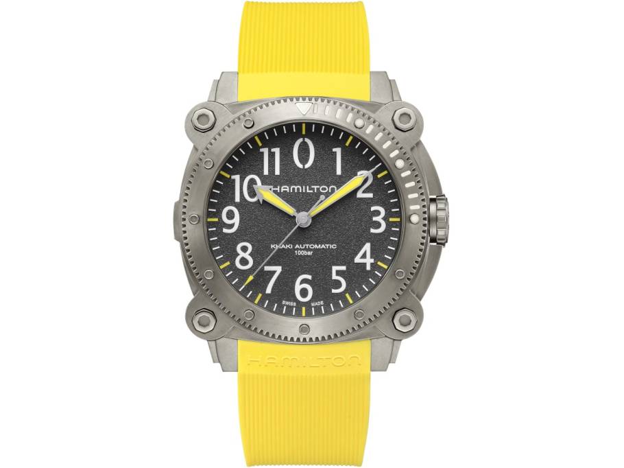 Khaki Navy BeLOWZERO Auto Titanium 46mm schwarzes Zifferblatt gelbes Kautschukband