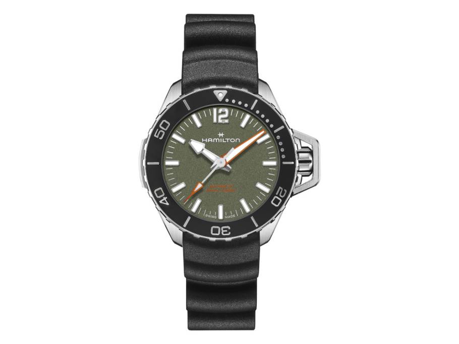 Khaki Navy Frogman Auto Edelstahl 41mm grünes Zifferblatt schwarzes Kautschukband