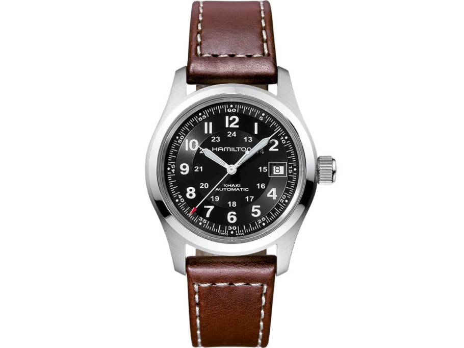 Khaki Field Auto Edelstahl 42mm schwarzes Zifferblatt braunes Lederband