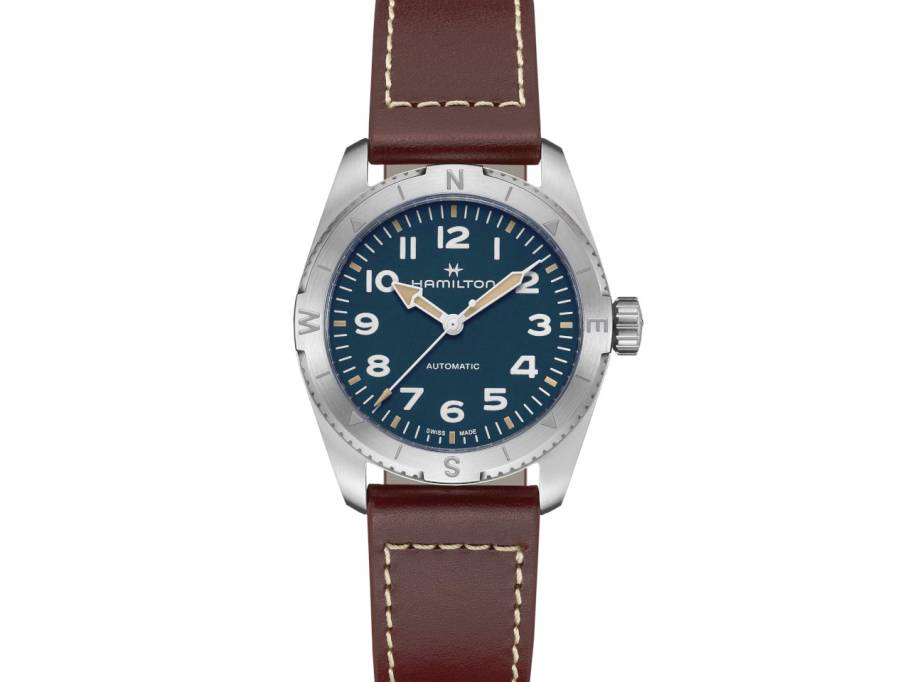 Khaki Field Expedition Automatik Edelstahl 37mm dunkelblaues Zifferblatt braunes Lederband