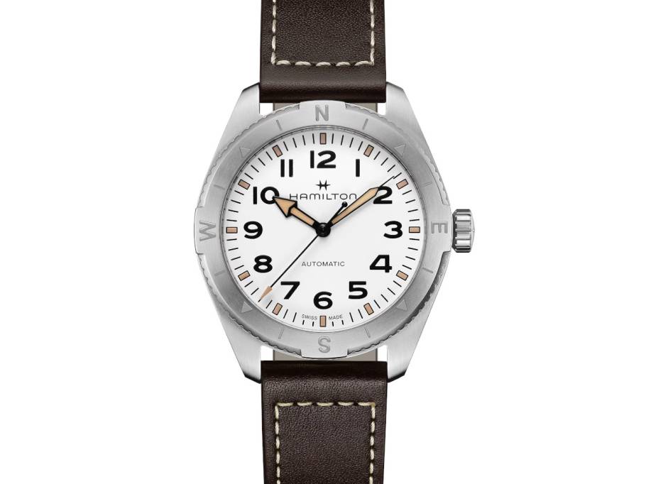 Khaki Field Expedition Auto Edelstahl 41mm weißes Zifferblatt braunes Lederband