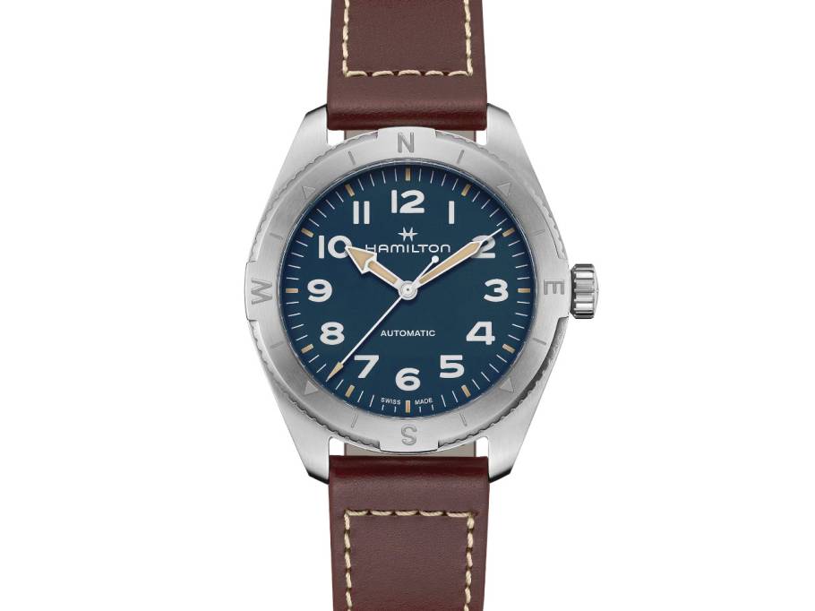   Khaki Field Expedition Automatik Edelstahl 41mm dunkelblaues Zifferblatt braunes Lederband