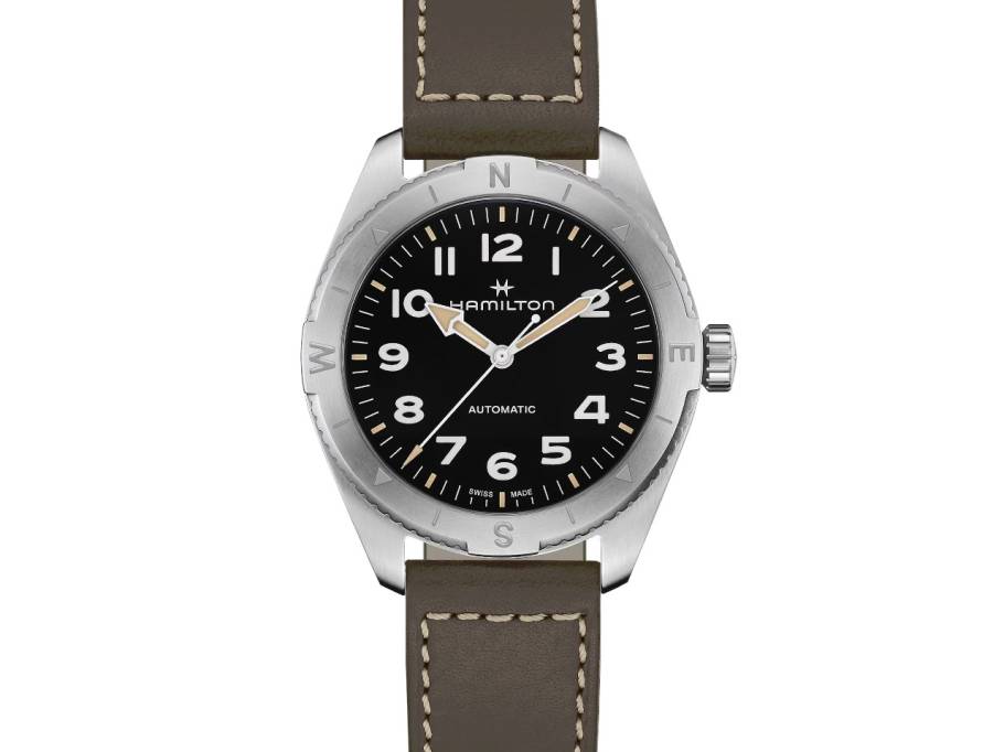 Khaki Field Expedition Automatik Edelstahl 41mm schwarzes Zifferblatt olivgrünes Lederband