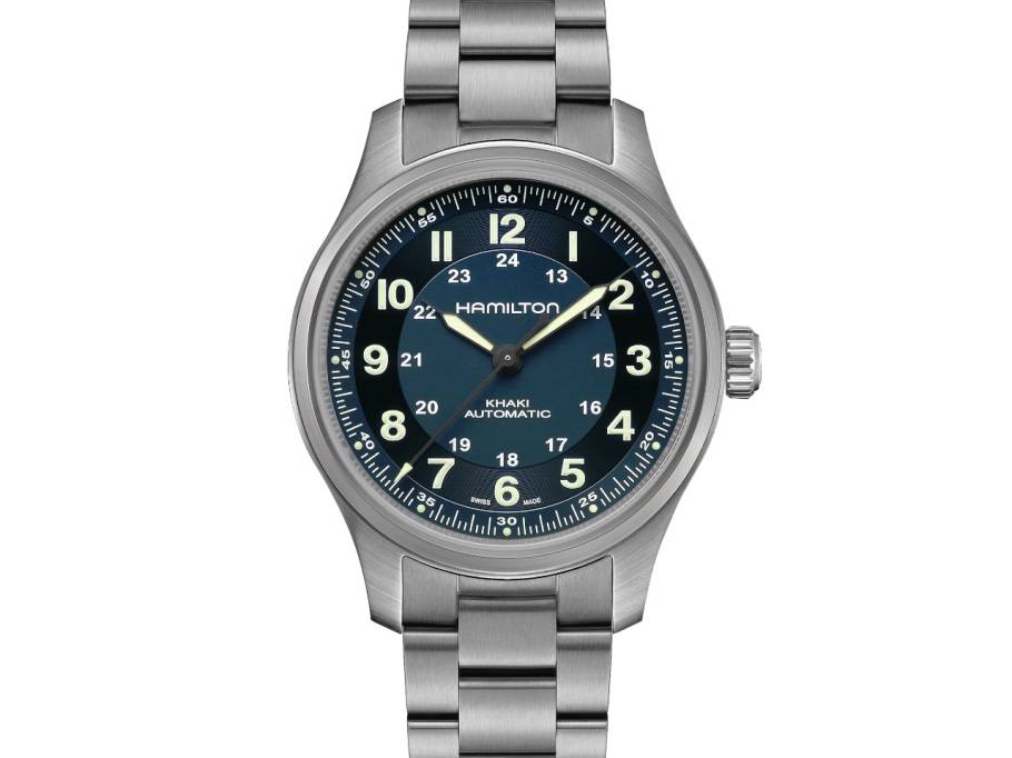 Khaki Field Titanium Auto Titan 42mm blaues Zifferblatt Metallband