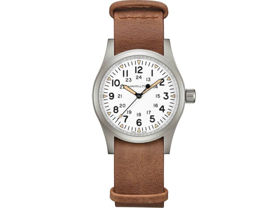 Khaki Field Mechanical Handaufzug Edelstahl 38mm weißes Zifferblatt braunes Lederband