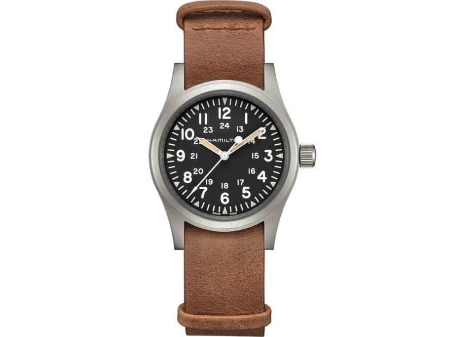 Khaki Field Mechanical Handaufzug Edelstahl 38mm schwarzes Zifferblatt braunes Lederband