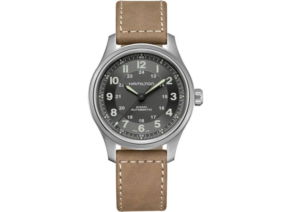 Khaki Field Titanium Auto Titan 42mm graues Zifferblatt braunes Lederband