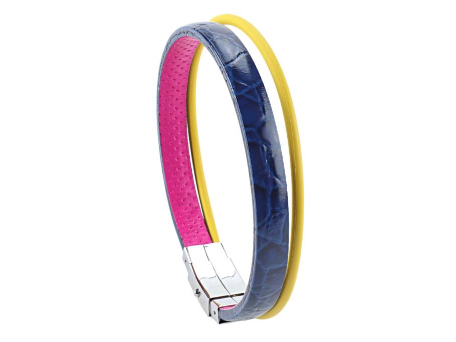  Armband Kalbsleder mit Krokoprint Ultramarin gelb innen pink