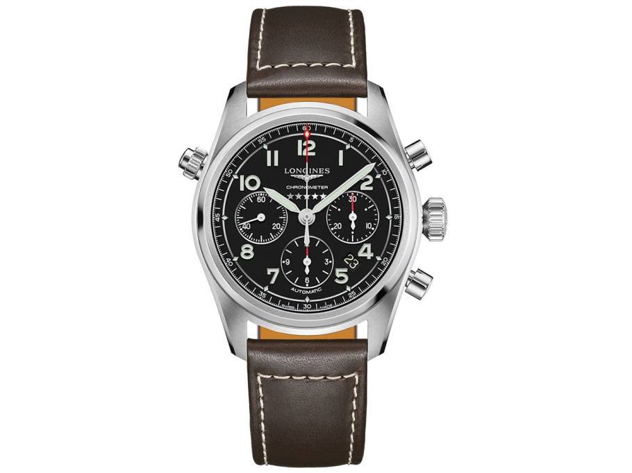 Spirit Automatik Chronograph Edelstahl 42 mm schwarzes Zifferblatt braunes Lederband
