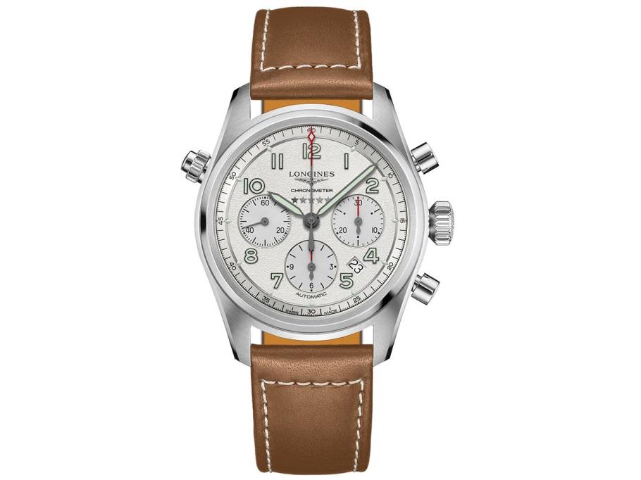 Spirit Automatik Chronograph Edelstahl 42 mm silbernes Zifferblatt braunes Lederband 