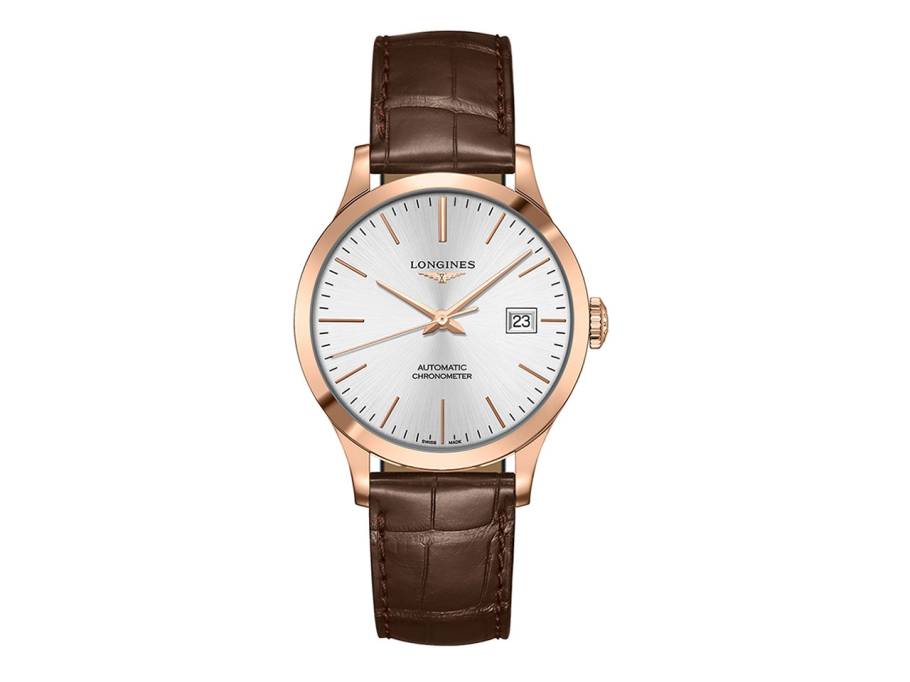Record Chronometer Automatik 38,5 mm Rosegold silber Index braunes Lederband