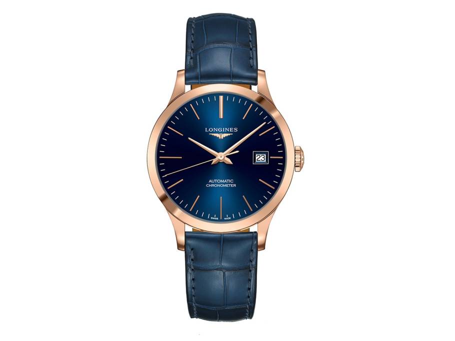 Record Chronometer Automatik 38,5 mm Rosegold blau Index blaues Lederband
