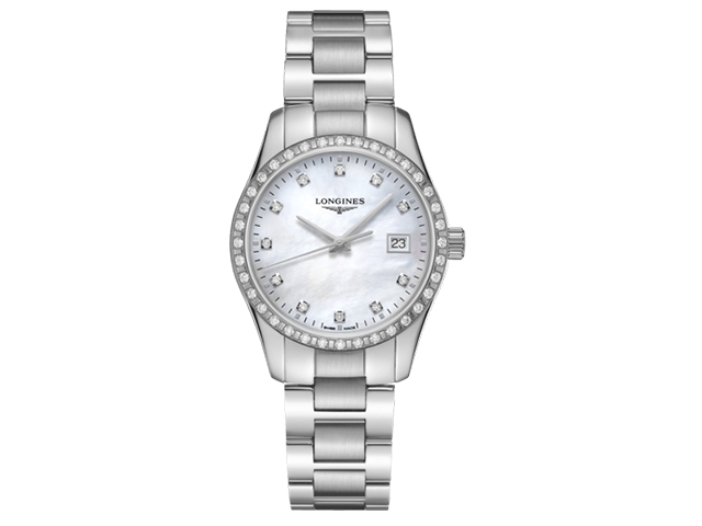 Conquest Classic Damenuhr Quarz Stahl weiß Perlmutt Edelstahlband Diamanten