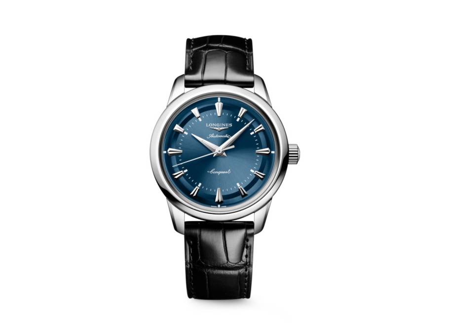 Conquest Heritage Automatik Edelstahl 38mm blaues Zifferblatt schwarzes Lederband
